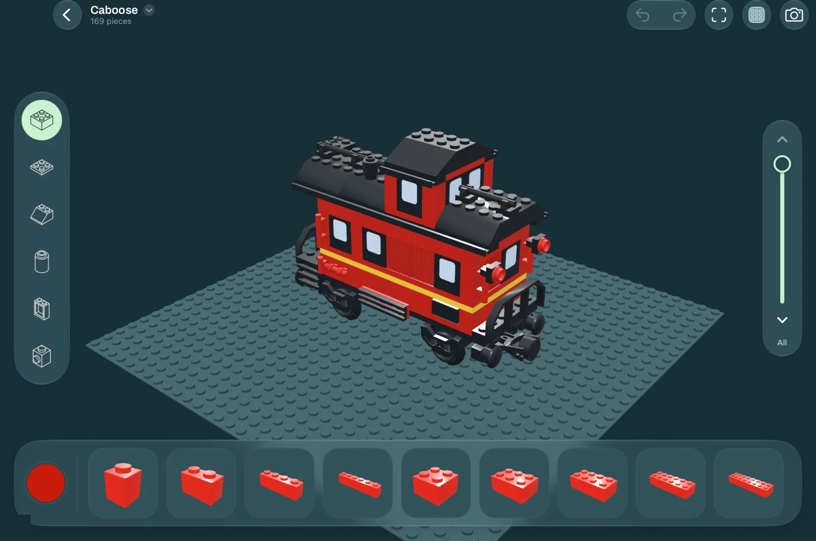 The caboose model in the editor in dark mode, with a dark teal interface.
