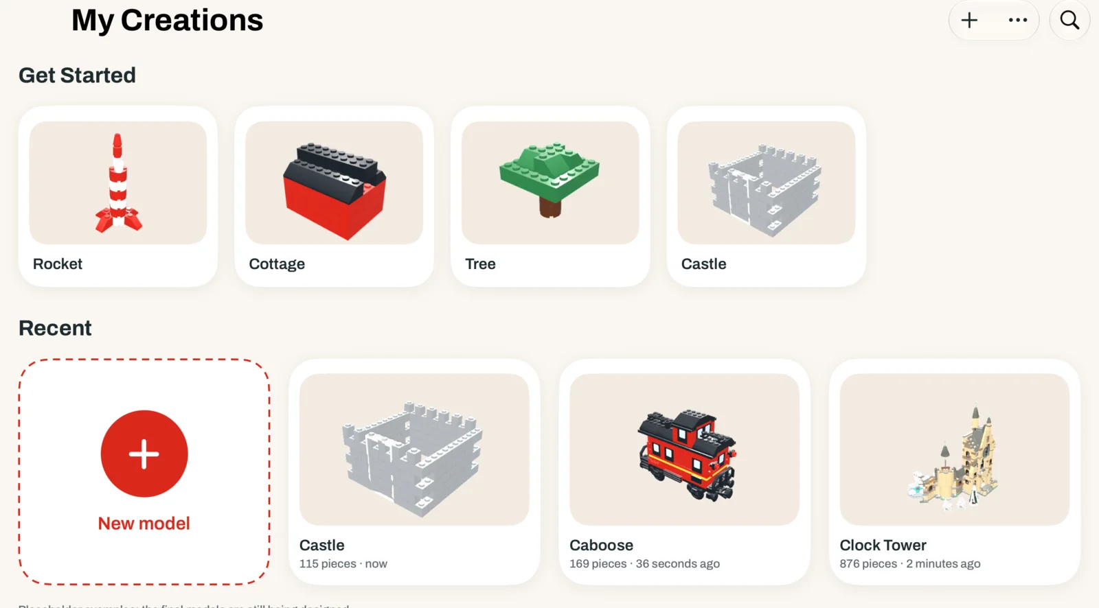 My Creations, the home screen with saved models and examples to start from.